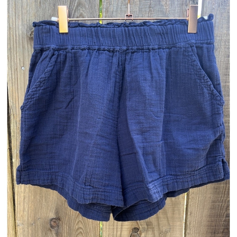 Pact Women Shorts Coastal Double Gauze Curved Hem Navy Blue Size Small